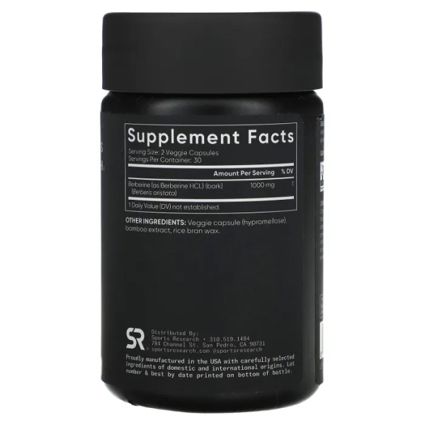 Берберін, Berberine, Sports Research, 1000 мг, 60 рослинних капсул (500 мг у капсулі)