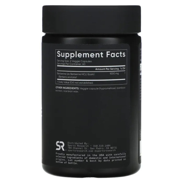 Берберін, Berberine, Sports Research, 1000 мг, 120 рослинних капсул (500 мг у капсулі)