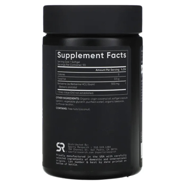 Берберин з кокосовим маслом, Berberine, Sports Research, 500 мг, 90 гелевих капсул