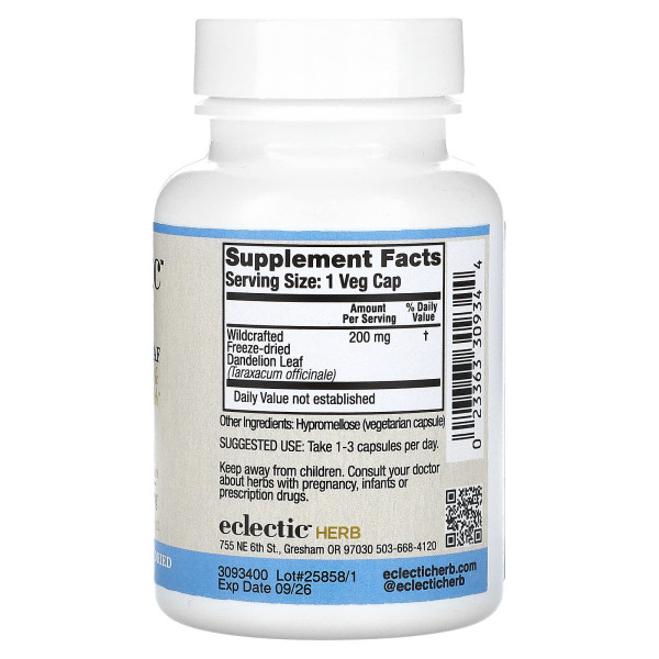 Кульбаба, Dandelion Leaf, Eclectic Institute, 200 мг, 90 рослинних капсул