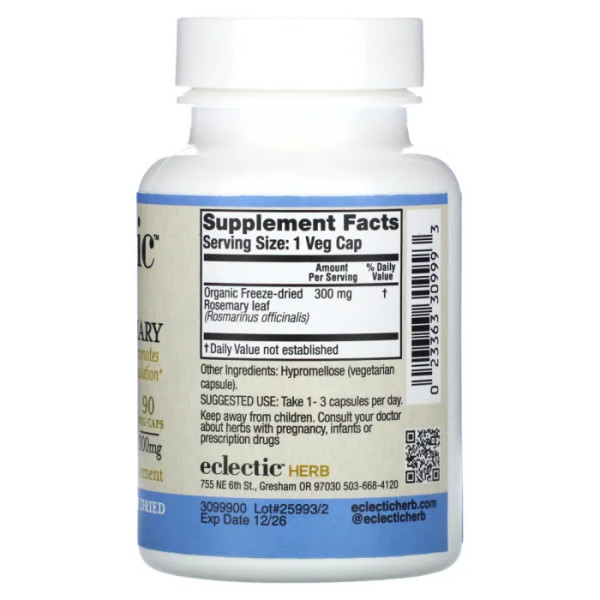 Розмарин, Rosemary, Eclectic Institute, 300 мг, 90 капсул