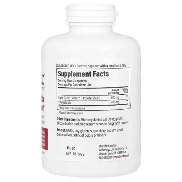 Екстракт часнику для підтримки холестерину, Garlic Phytosterols, Kyolic, формула 107, 240 капсул