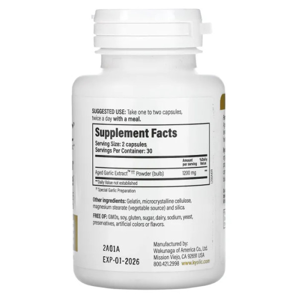 Часник, Aged Garlic, Kyolic, витриманий екстракт від серцево-судинних та імунних захворювань, 60 капсул (600 мг у капсулі)