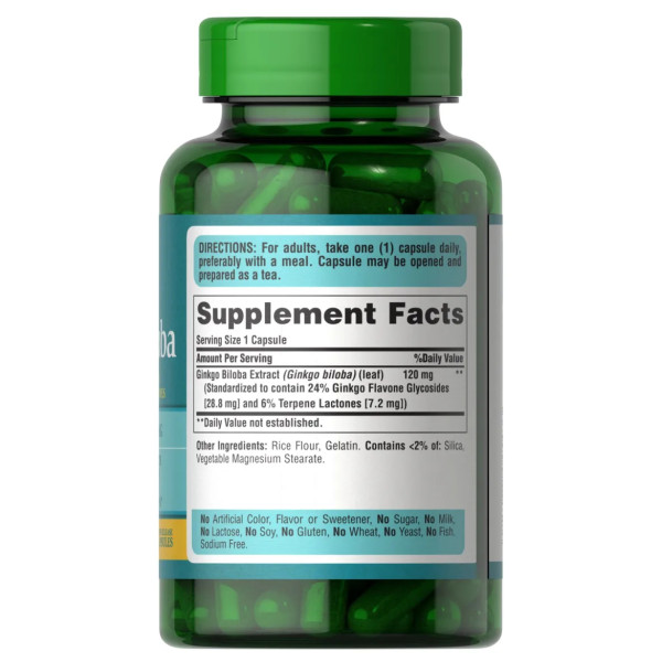 Гінкго білоба, Ginkgo Biloba, Puritan's Pride, стандартизований екстракт, 120 мг, 200 капсул