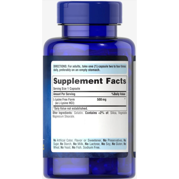 Лізин, L-Lysine, Puritan's Pride, 500 мг, 100 капсул швидкого вивільнення