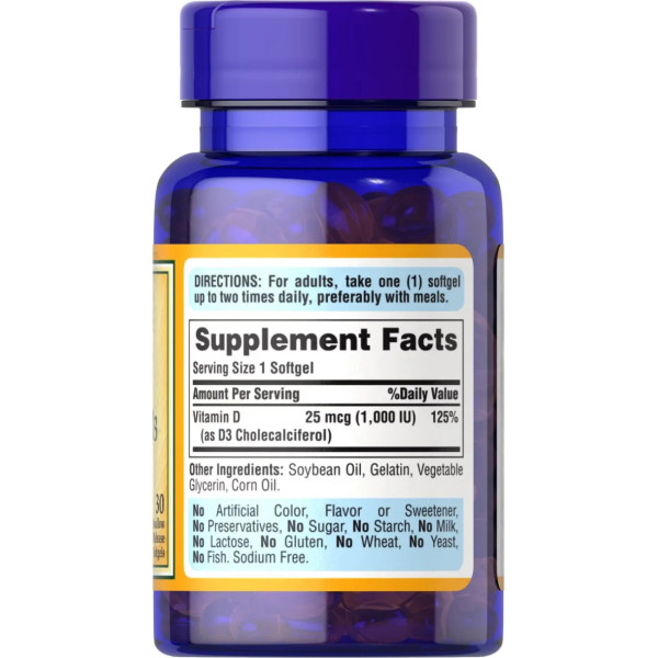 Вітамін D3, Vitamin D3, Puritan's Pride, 1000 МО, 30 капсул