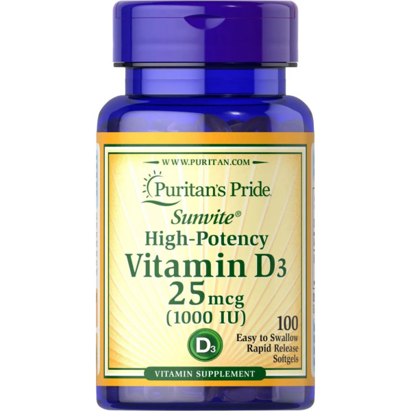 Вітамін D3, Vitamin D3, Puritan's Pride, 25 mcg (1000 IU), 100 гелевих капсул
