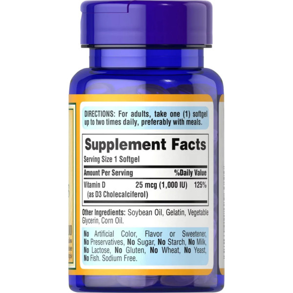 Вітамін D3, Vitamin D3, Puritan's Pride, 25 mcg (1000 IU), 100 гелевих капсул