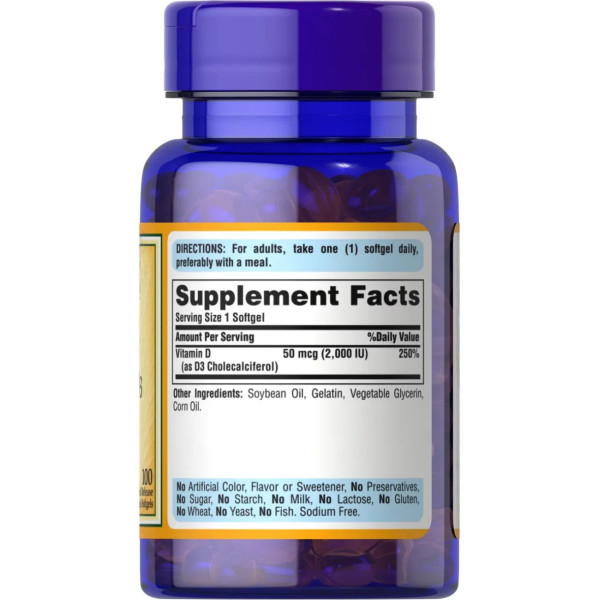 Вітамін D3, Vitamin D3, Puritan's Pride, 2000 МО, 100 гелевих капсул