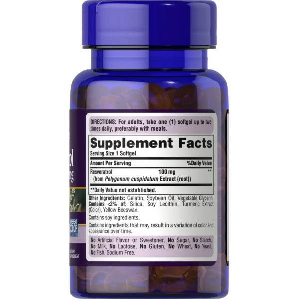Ресвератрол, Resveratrol, Puritan's Pride, 100 мг, 60 гелевих капсул з швидким вивільненням