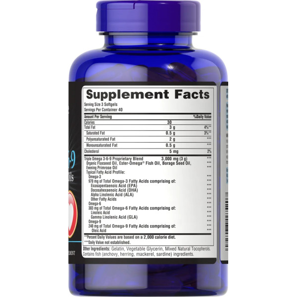 Омега 3-6-9, Triple Omega 3-6-9, Puritan's Pride, потрійна, з риб'ячим, лляним та огірковим маслом, 120 гелевих капсул