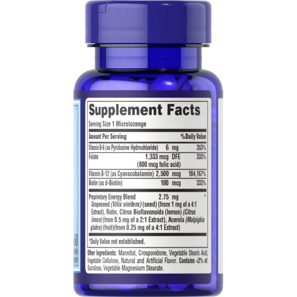 Вітамін B-12 з фолієвою кислотою, вітаміном B-6 та біотином, Sublingual Vitamin B-12, Puritan's Pride, сублінгвальний, 2500 мкг, 60 мікрольодяників