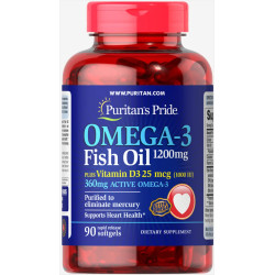 Омега-3 рыбий жир с витамином D3, Puritan's Pride Omega-3 Fish Oil of Vitamin D3, 1200 мг/1000 МЕ, 90 гелевых капсул