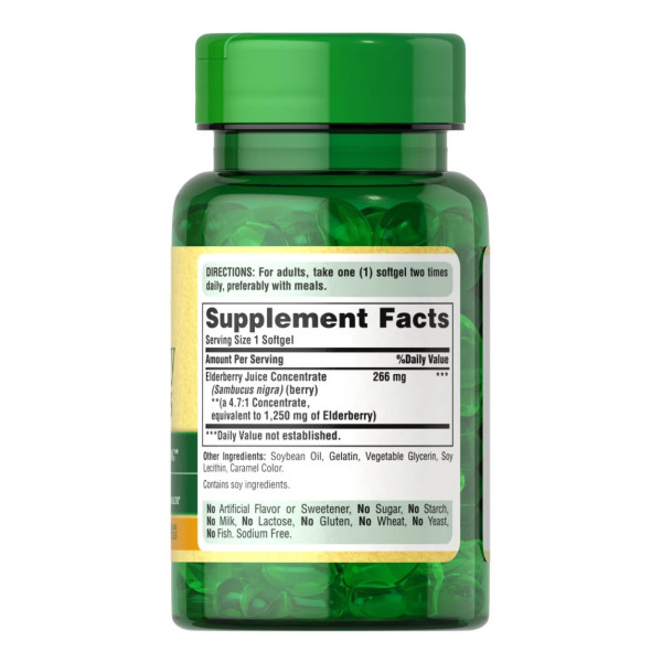 Чорна бузина, Elderberry Sambucus, Puritan's Pride, 1250 мкг, 60 гелевих капсул