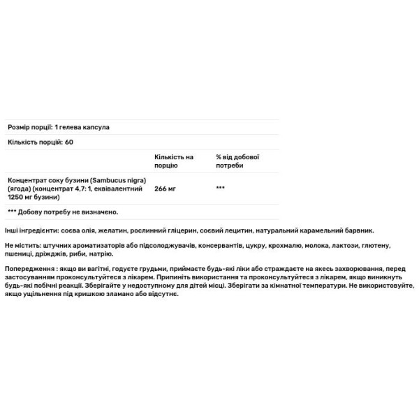 Чорна бузина, Elderberry Sambucus, Puritan's Pride, 1250 мкг, 60 гелевих капсул