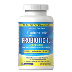 Пробиотик-10 с витамином D, Puritan's Pride Probiotic 10 with Vitamin D, 20 млрд культур, 60 капсул