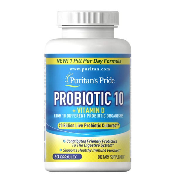 Пробіотик-10 з вітаміном D, Probiotic 10 with Vitamin D, Puritan's Pride, 20 млрд активних культур, для підтримки здоров'я імунної системи, 60 капсул