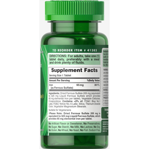 Залізо сульфат, Iron, Puritan's Pride, 65 мг, 100 таблеток