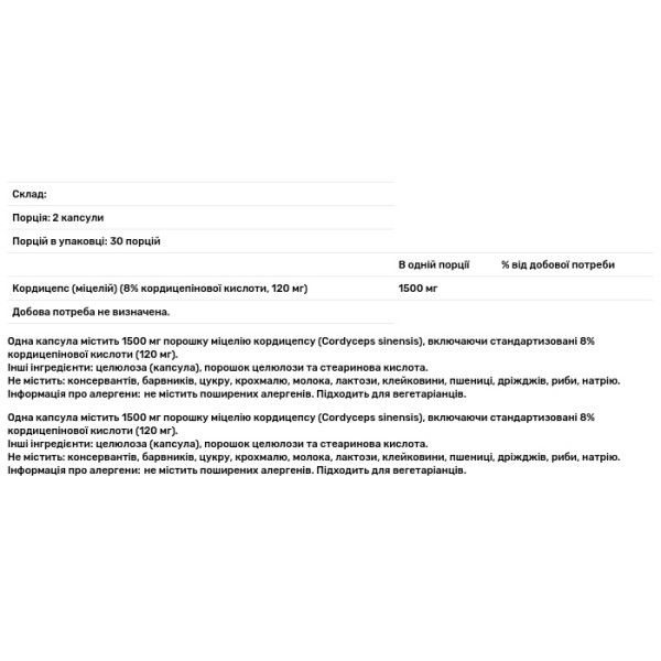 Кордицепс, Cordyceps Mushroom, Puritan's Pride, 1500 мг, 60 капсул