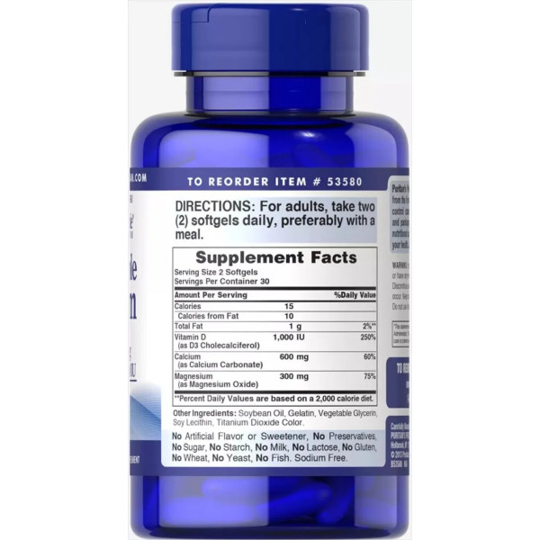 Кальцій плюс магній і вітамін D3, Absorbable Calcium plus Magnesium with Vitamin D3, Puritan's Pride, 600 мг \/ 300 мг \/ 1000 МО, 60 гелевих капсул