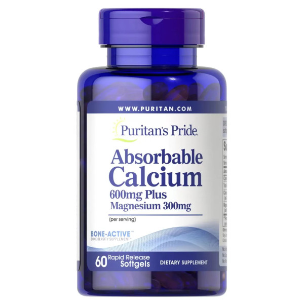 Кальцій плюс магній, Absorbable Calcium plus Magnesium, Puritan's Pride, 600 мг \/ 300 мг, 60 гелевих капсул