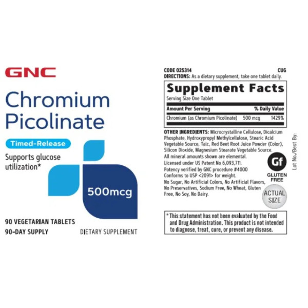 Хром піколінат, Chromium Picolinate, GNC, 500 мкг, 90 вегетаріанських таблеток