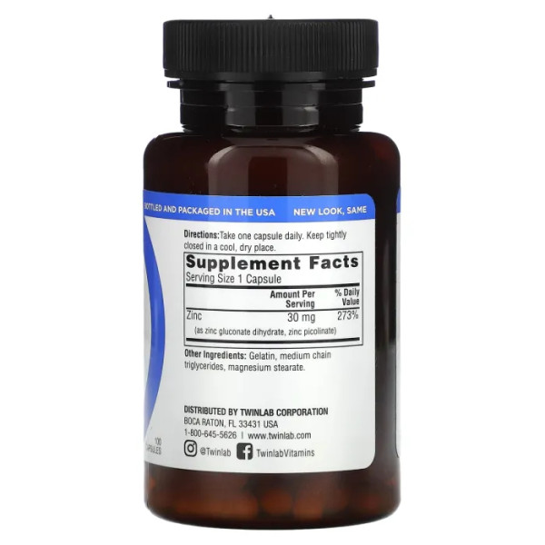 Цинк в капсулах, Zinc Caps, Twinlab, 30 мг, 100 капсул