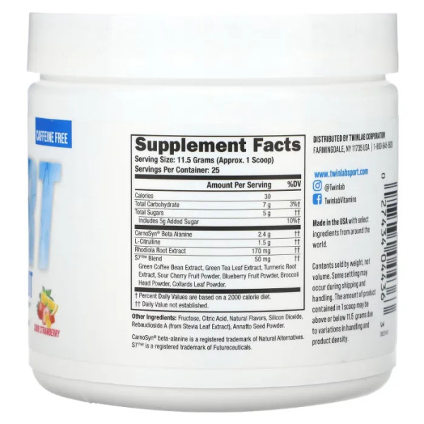 Передтренувальний комплекс, Sport Preworkout, Twinlab, без кофеїну, зі смаком кислої полуниці, 287.5 г