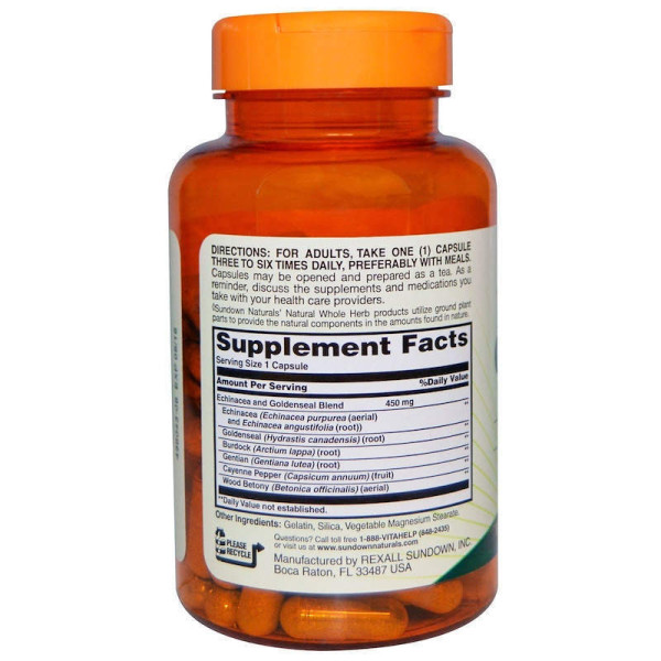 Ехінацея + Гідрастіс, Echinacea Goldenseal plus, Sundown Naturals, 100 капсул