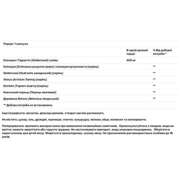 Ехінацея + Гідрастіс, Echinacea Goldenseal plus, Sundown Naturals, 100 капсул