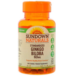 Гинкго билоба, Sundown Naturals Ginkgo Biloba Extract, 60 мг, 100 таблеток