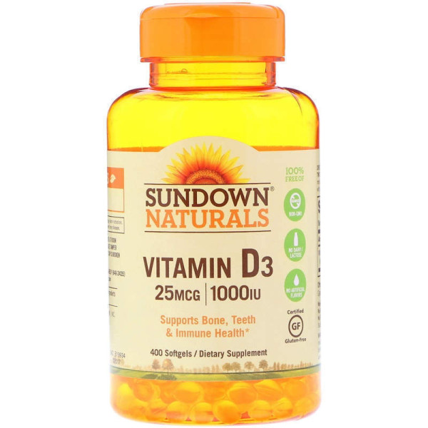 Вітамін D3, Vitamin D3, Sundown Naturals, 25 мкг (1000 МО), 400 гелевих капсул