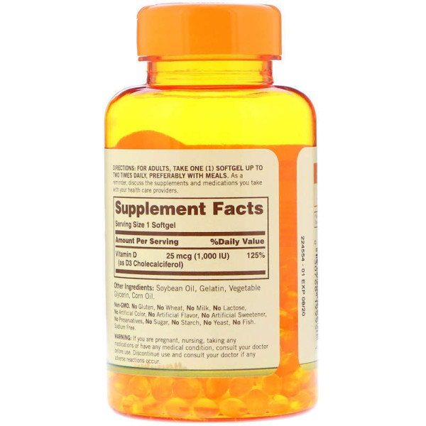 Вітамін D3, Vitamin D3, Sundown Naturals, 25 мкг (1000 МО), 400 гелевих капсул