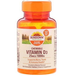 Витамин D3 25 мкг (1000 МЕ), жевательные, вкус клубника и банан, Chewable Vitamin D3 Sundown Naturals, 120 жевательных таблеток