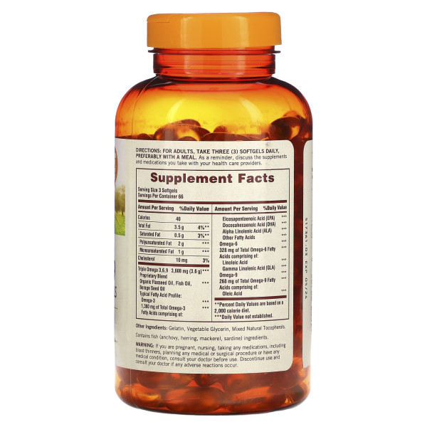 Потрійна Омега 3 6 9, Triple Omega 3-6-9, Sundown Naturals, 200 капcул