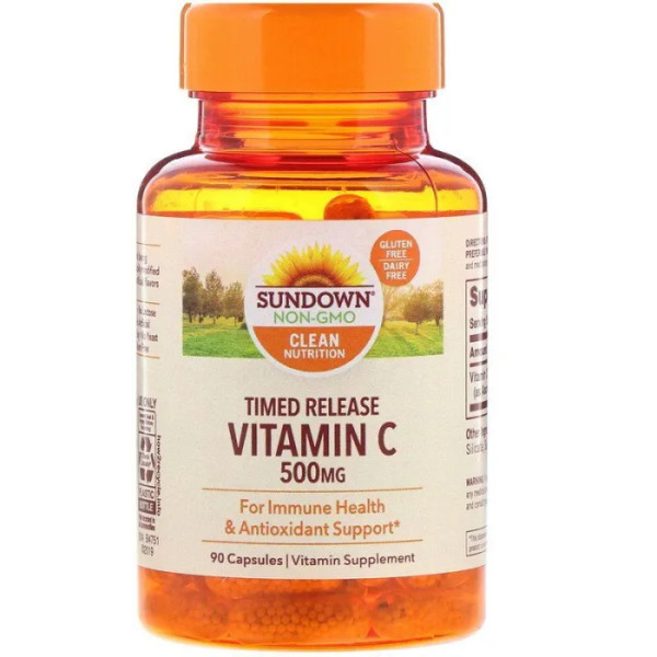 Вітамін С, Vitamin C, Sundown Naturals, сповільнене вивільнення, 500 мг, 90 капсул