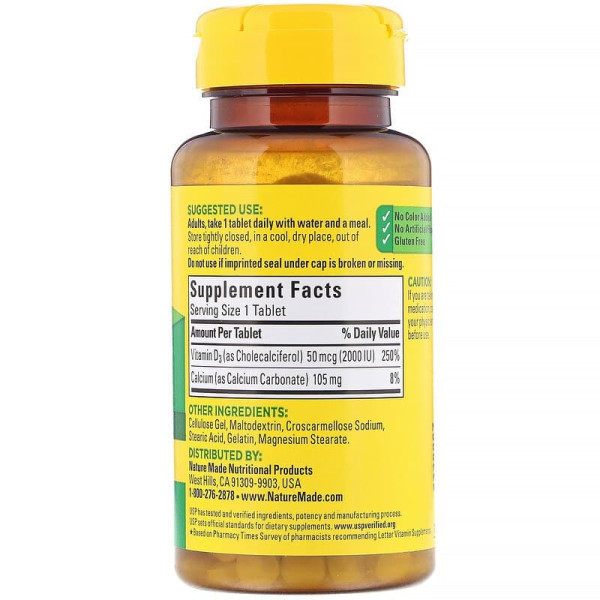 Вітамін D3, Vitamin D, Nature Made, 2000 МО, 100 таблеток
