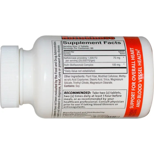 Наттокіназа, Nattokinase, Naturally Vitamins, системна ферментна добавка, 1500 FU, 120 таблеток, покритих кишковорозчинною оболонкою
