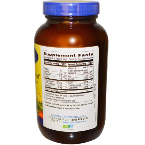 Спіруліна, Spirulina Natural, Earthrise, 500 мг, 360 таблеток.