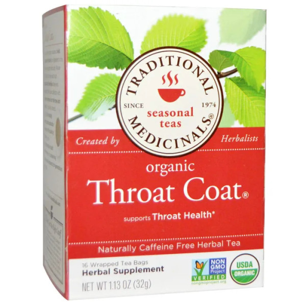 Травяной чай для горла со скользким вязом, Teas Throat Coat, Traditional Medicinals, без кофеина, 16 пакетиков, 32 г