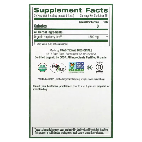 Малина, Organic Raspberry Leaf, Caffeine Free, Traditional Medicinals, органічне листя, без кофеїну, 16 пакетиків, 24 г