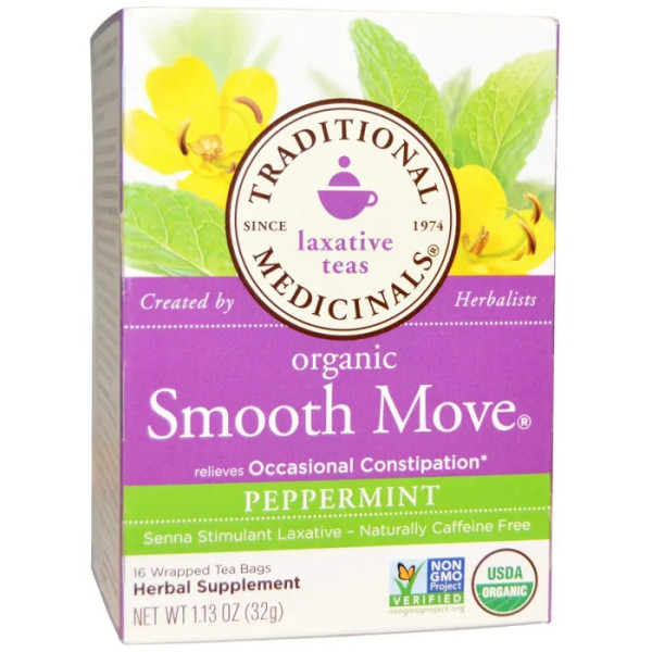 Слабительный чай с мятой, Smooth Move, Traditional Medicinals, без кофеина, органик, 16 пакетиков, (32 г)