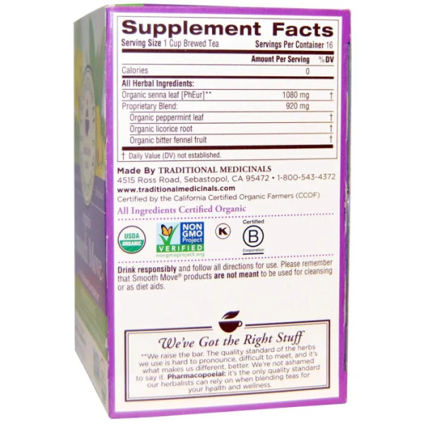 Слабительный чай с мятой, Smooth Move, Traditional Medicinals, без кофеина, органик, 16 пакетиков, (32 г)