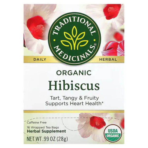 Трав'яний чай, органічний гібіскус, Organic Hibiscus, Traditional Medicinals, без кофеїну, 16 пакетиків, 28 г