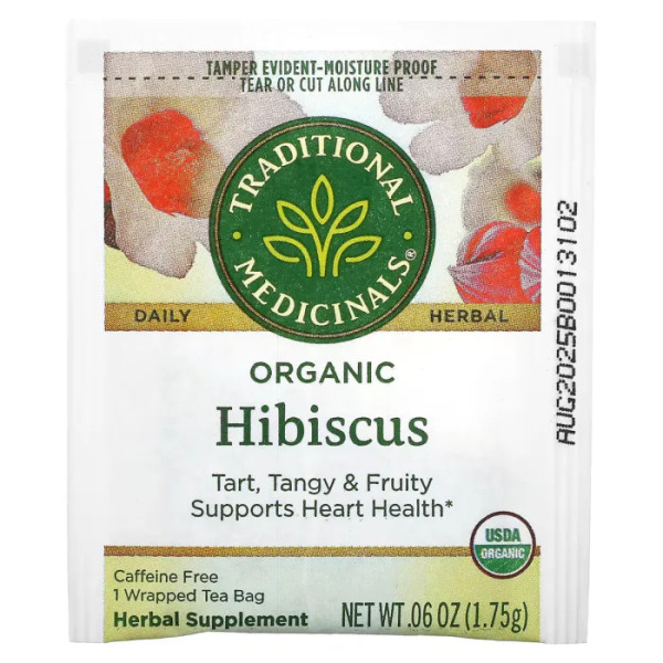 Трав'яний чай, органічний гібіскус, Organic Hibiscus, Traditional Medicinals, без кофеїну, 16 пакетиків, 28 г