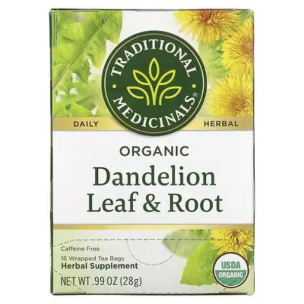Чай з кореня та листя кульбаби, Organic Dandelion Leaf & Root Tea, Traditional Medicinals, без кофеїну, 16 чайних пакетиків в індивідуальній упаковці, 28 г