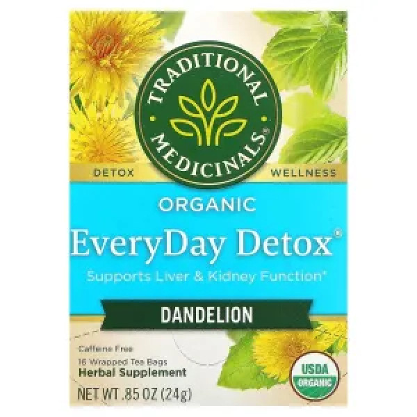Чай детокс на кожен день, EveryDay Detox Tea, Traditional Medicinals, кульбаба, без кофеїну, 16 пакетиків, 24 г