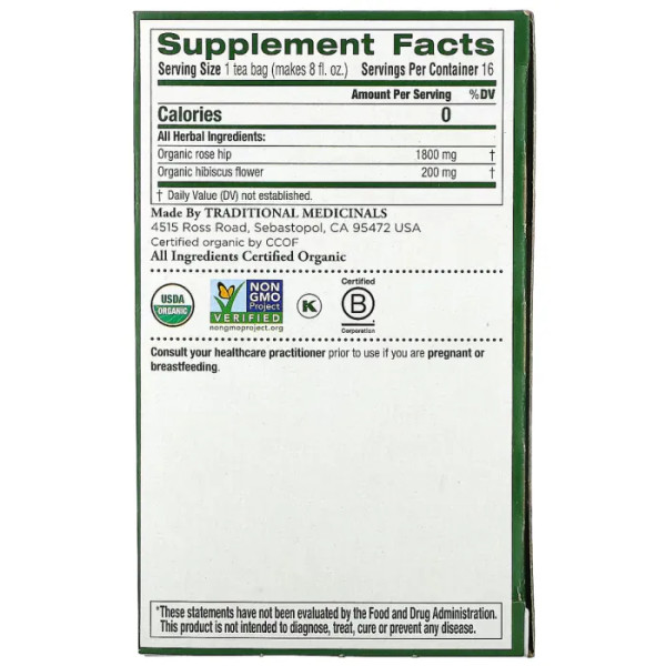 Трав'яний чай, органічні плоди шипшини з гібіскусом, Organic Rose Hips with Hibiscus, Traditional Medicinals, без кофеїну, 16 пакетиків, 32 г