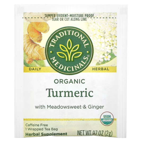 Куркума з таволгою та імбиром, Organic Turmeric with Meadowsweet and Ginger, Caffeine Free, Traditional Medicinals, органічні, без кофеїну, 16 пакетиків, 32 г