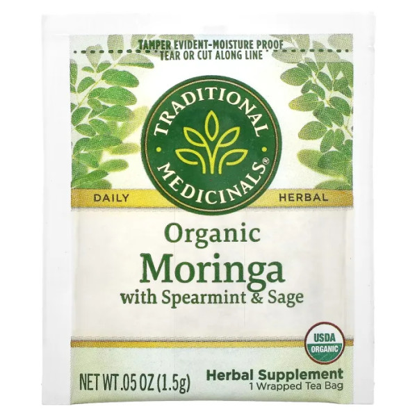 Морінга з м'ятою та шавлією, Organic Moringa with Spearmint and Sage, Caffeine Free, Traditional Medicinals, органічні, без кофеїну, 16 пакетиків, 24 г